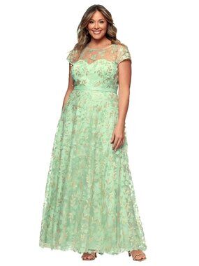 Xscape Sage Green Gold Embellished 3D Flower Sequin Ball Gown